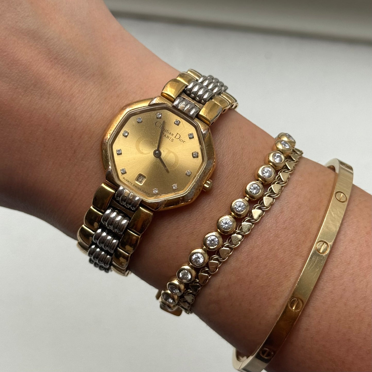 Christian Dior 26mm Octagon Gold Two Tone Crystal Watch