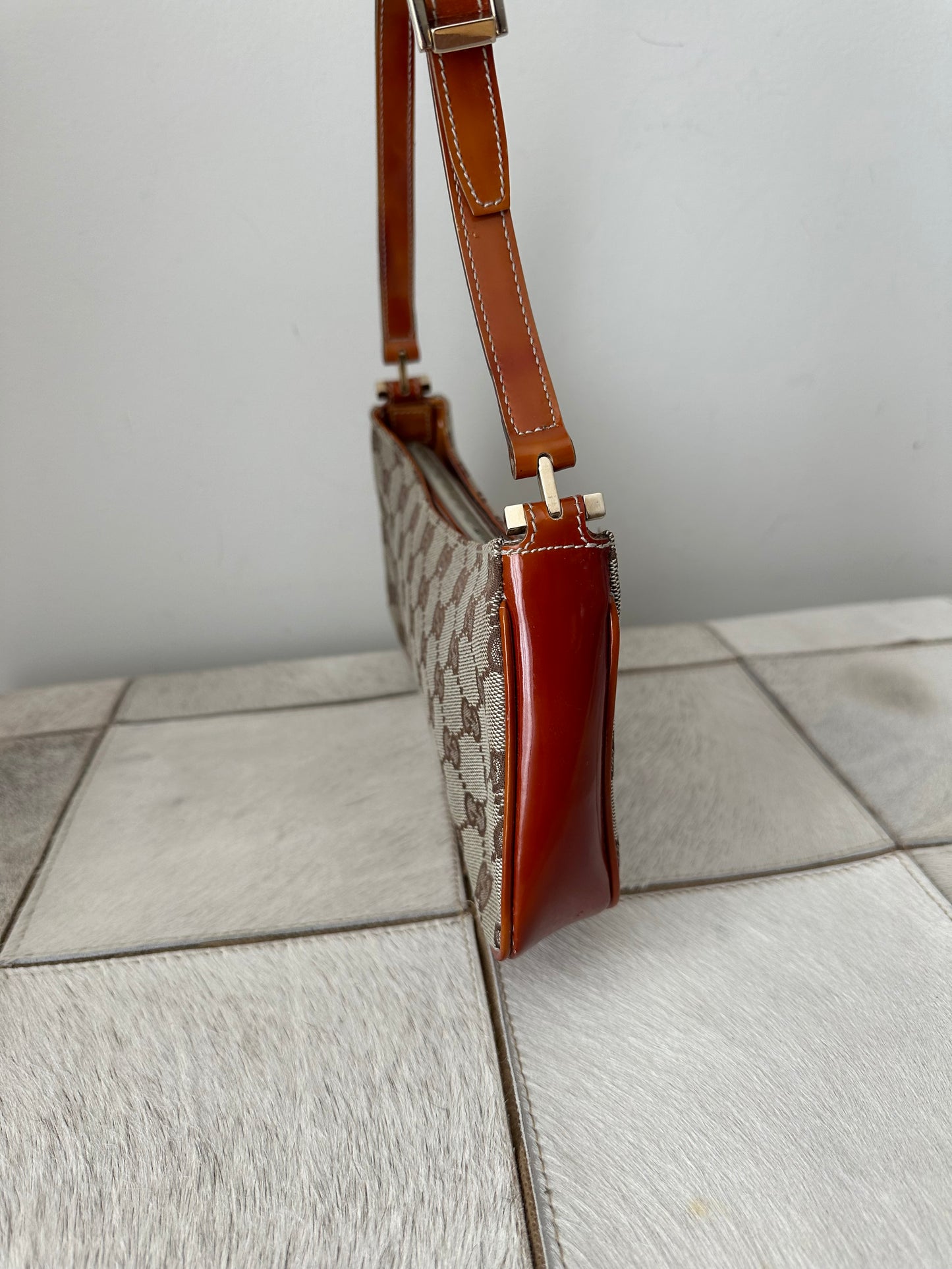 Gucci Brown Monogram Orange Patent Leather Shoulder Bag