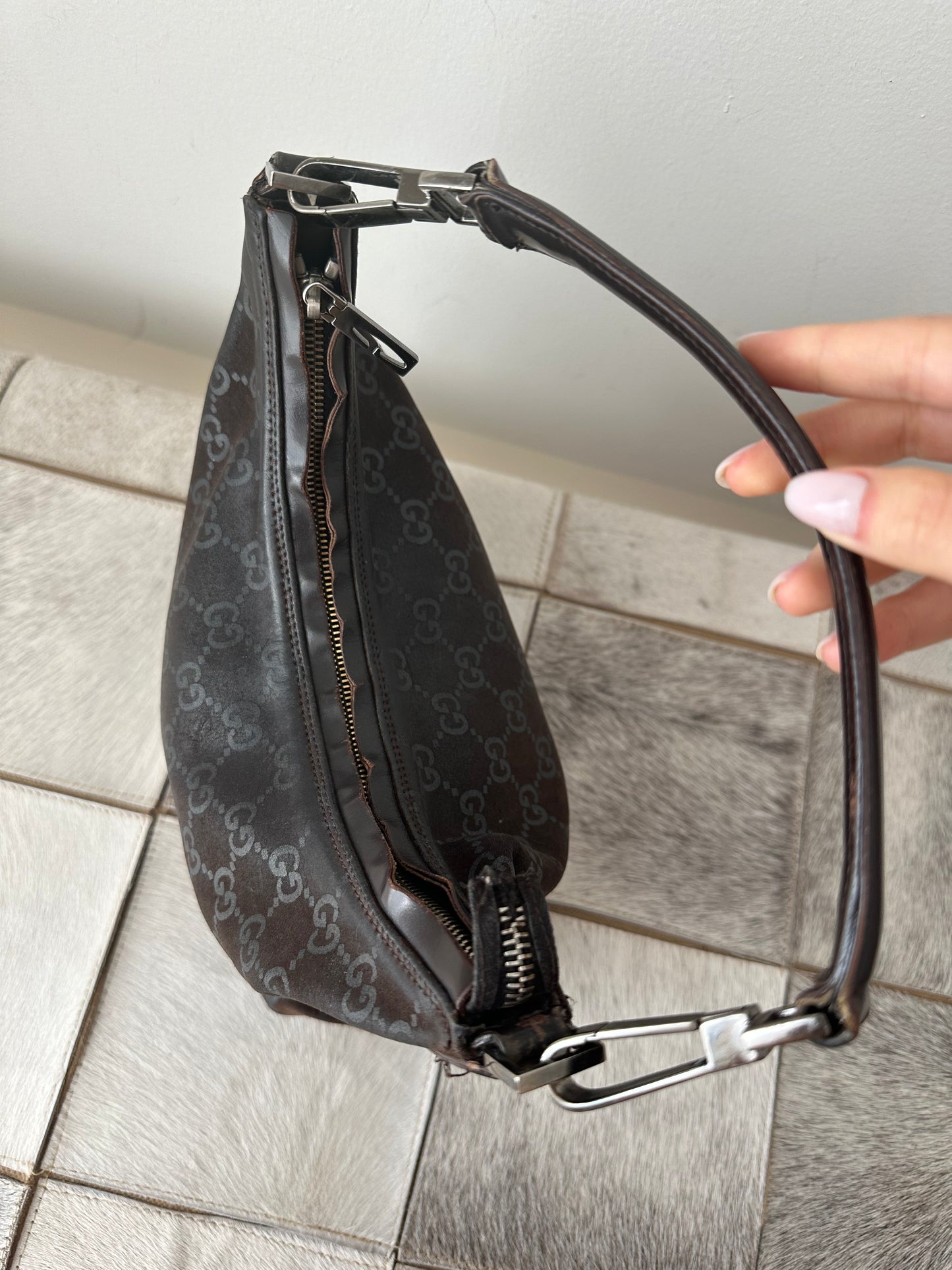 Gucci Brown Suede Monogram Shoulder Bag