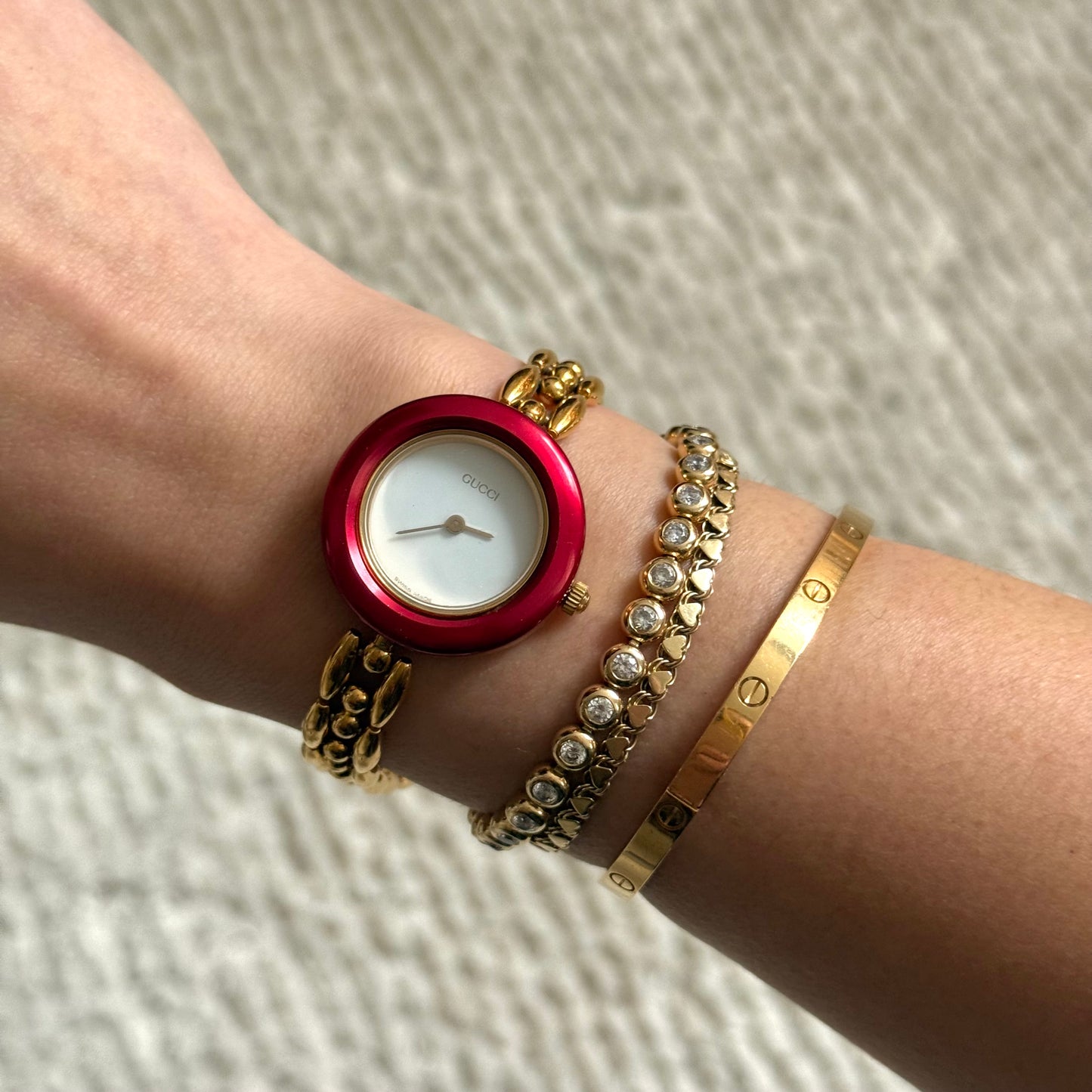 Gucci Gold Rice Link Bezel Watch w/ Box and 5 Metallic Bezels