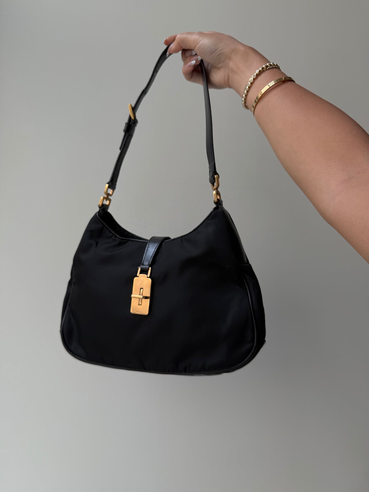 RARE Prada Black Gold Reversible Lock Shoulder Bag