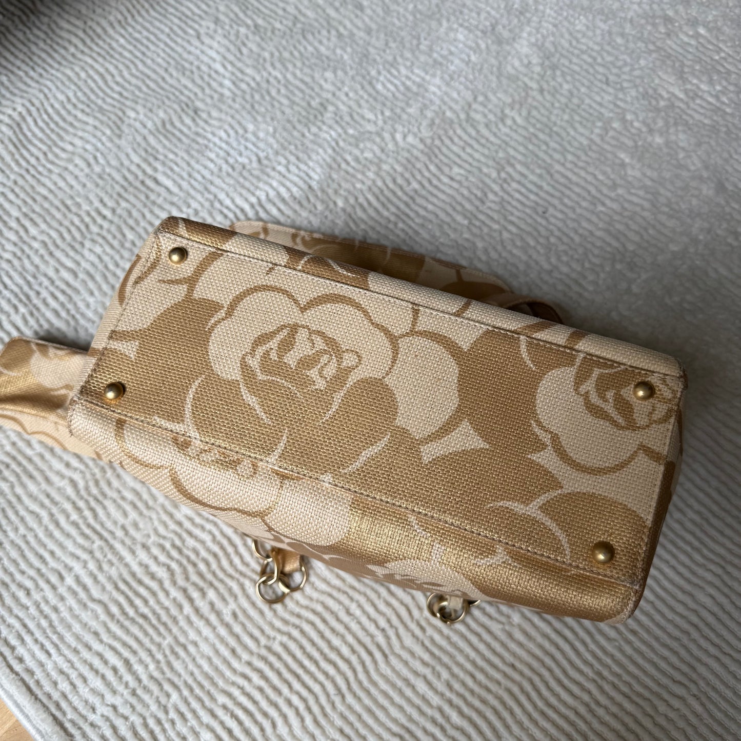 Chanel 2008 Gold Camellia Raffia Tote w/ Zip Pouch & Phone Pouch