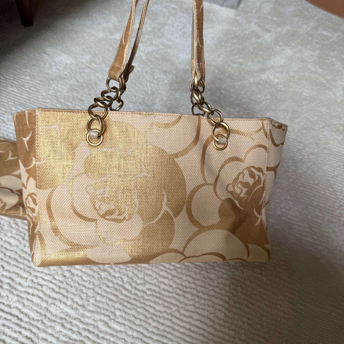 Chanel 2008 Gold Camellia Raffia Tote w/ Zip Pouch & Phone Pouch