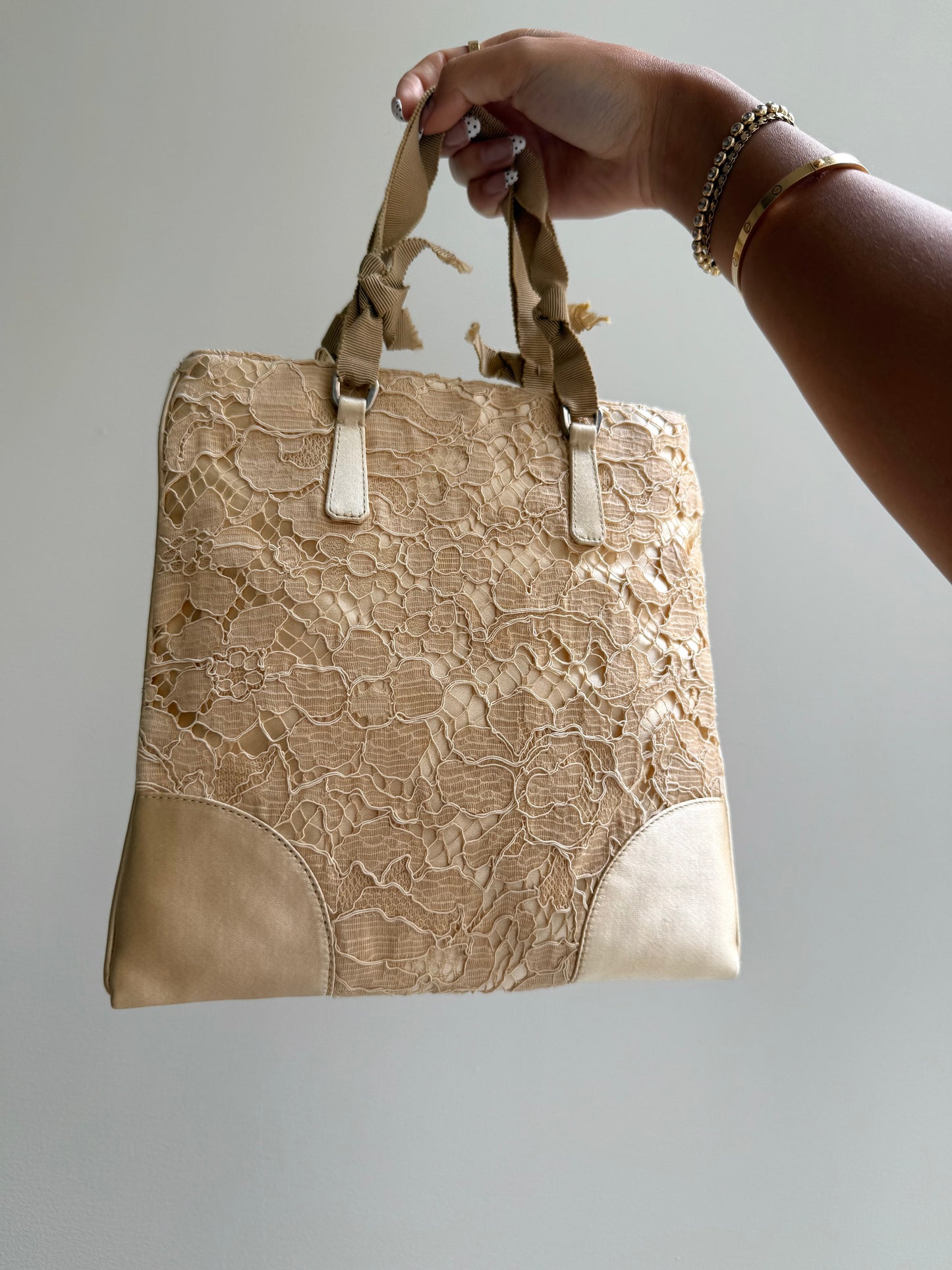 RARE Prada Beige Lace & Satin Mini Top Handle Bag w/ Papers