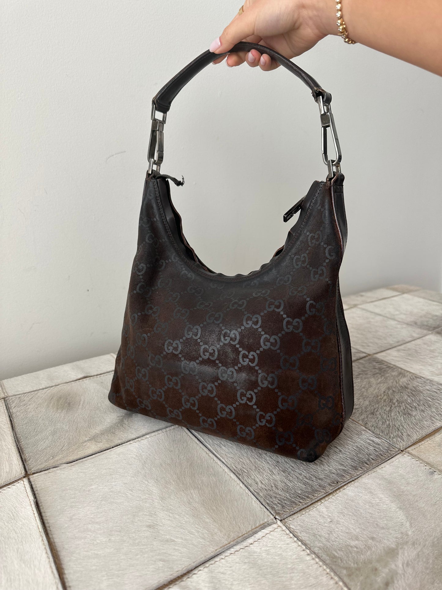 Gucci Brown Suede Monogram Shoulder Bag
