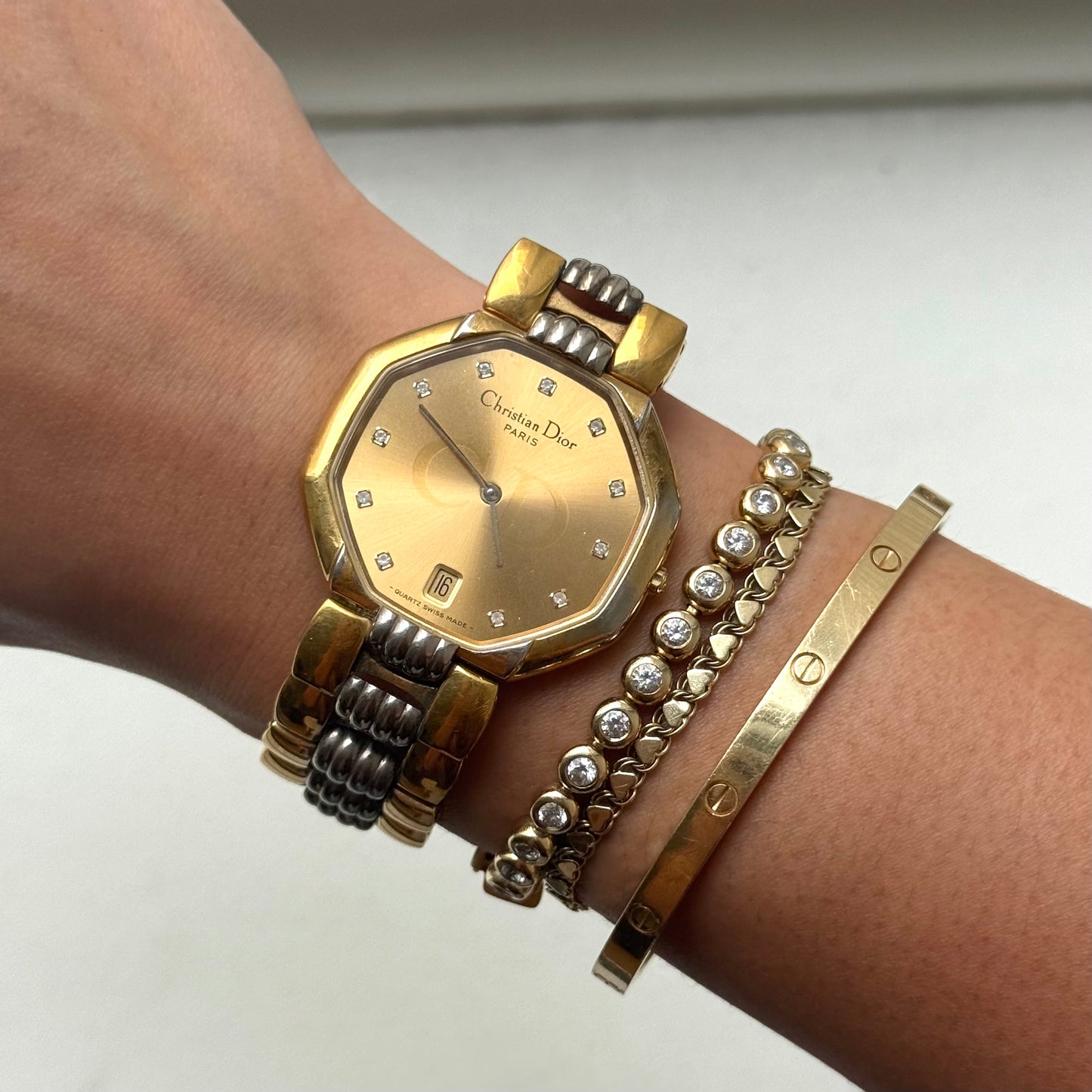 Christian Dior 32mm Gold Octagon Two Tone Crystal Watch