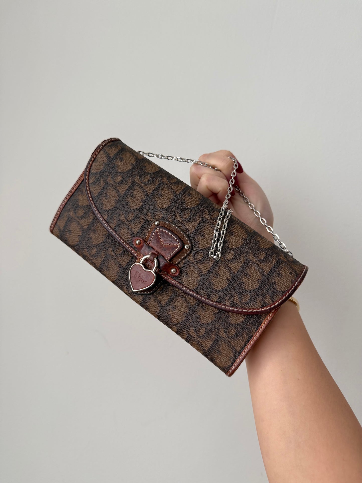 Christian Dior Brown Monogram Romantique Heart Wallet On Chain
