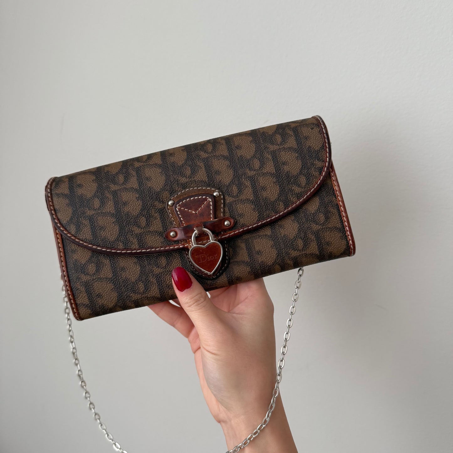 Christian Dior Brown Monogram Romantique Heart Wallet On Chain