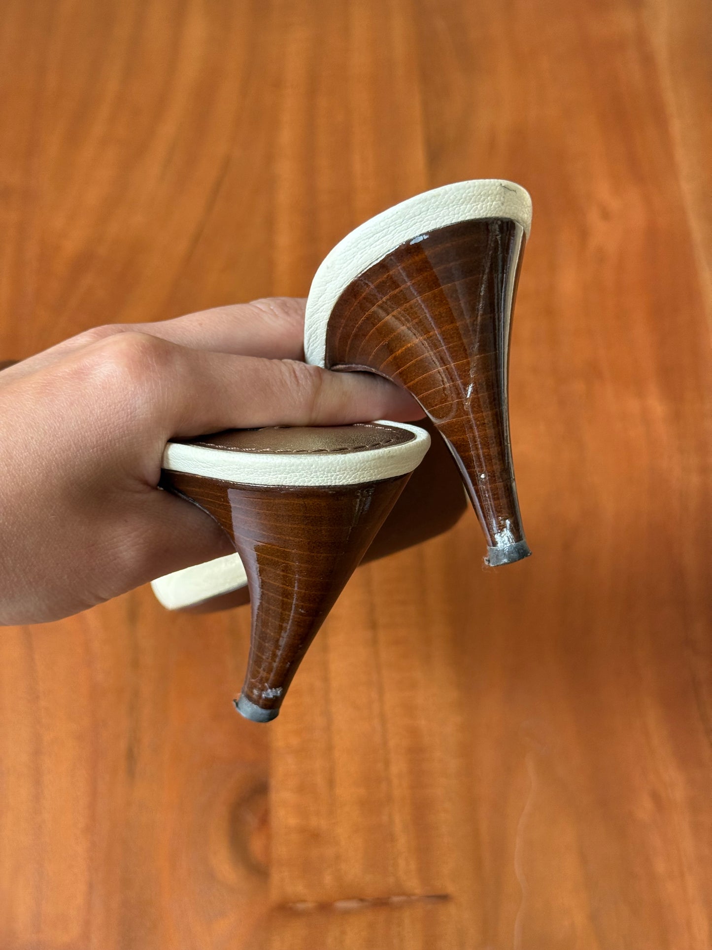 Louis Vuitton White Leather Wood Buckle Heels