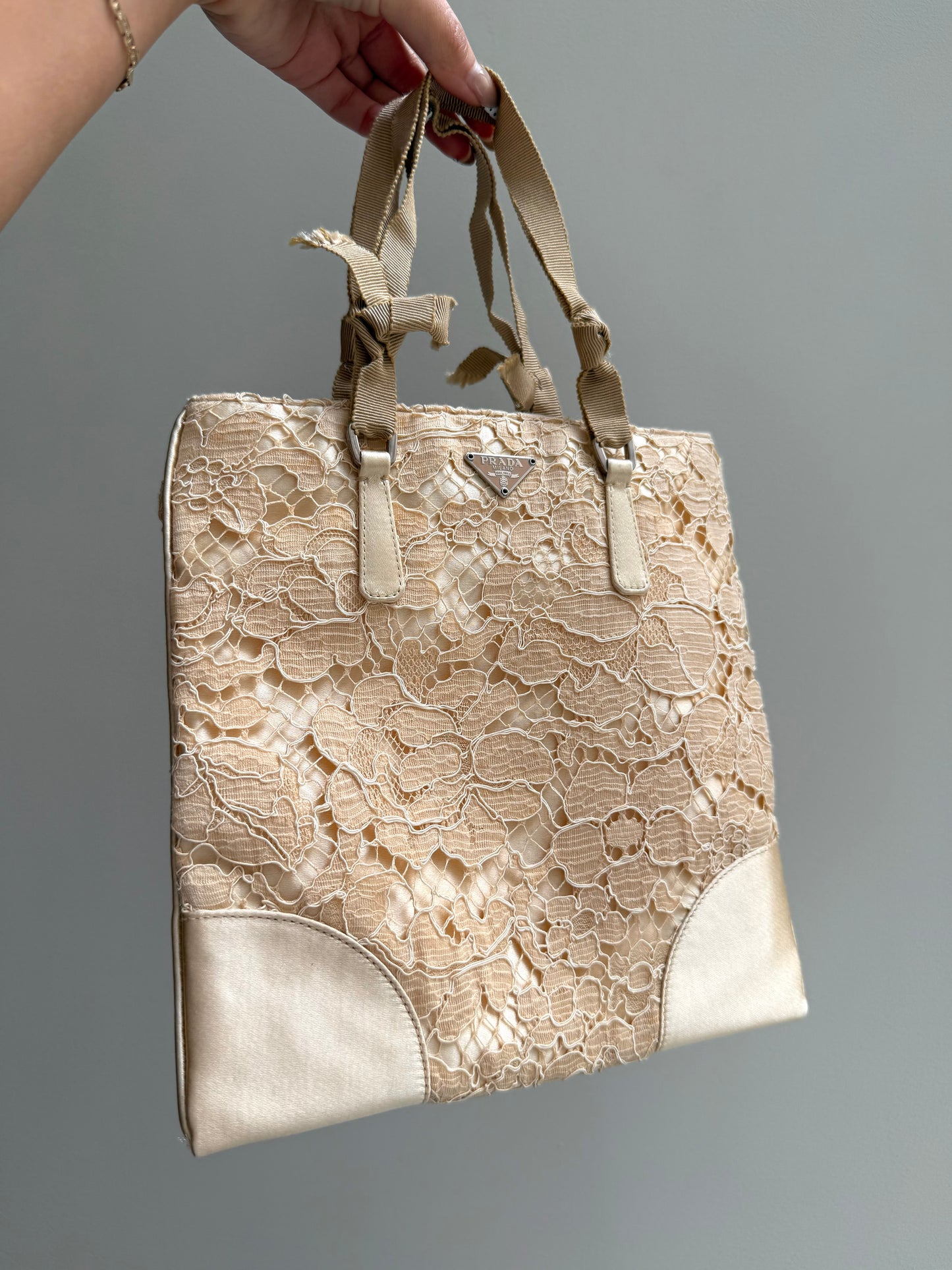 RARE Prada Beige Lace & Satin Mini Top Handle Bag w/ Papers
