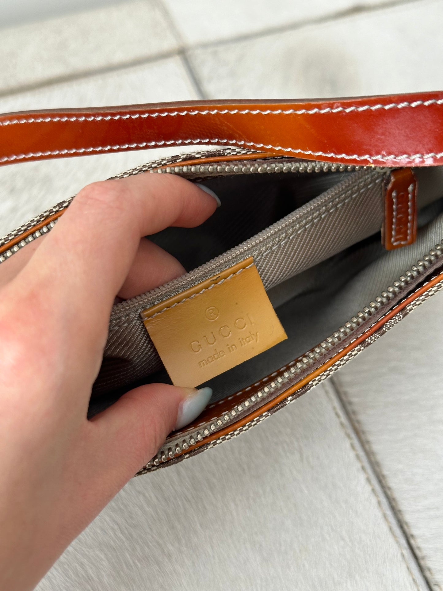Gucci Brown Monogram Orange Patent Leather Shoulder Bag