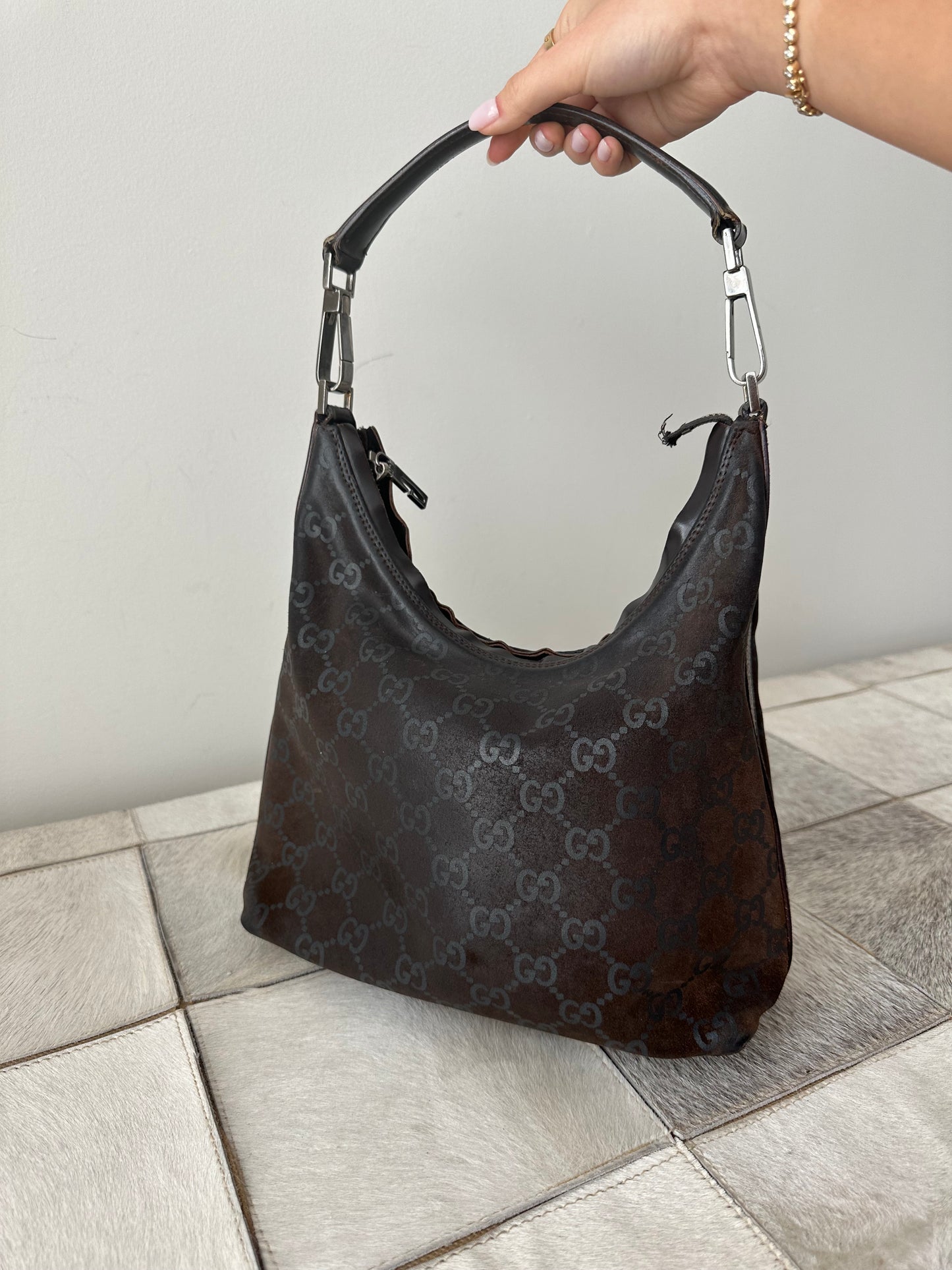 Gucci Brown Suede Monogram Shoulder Bag