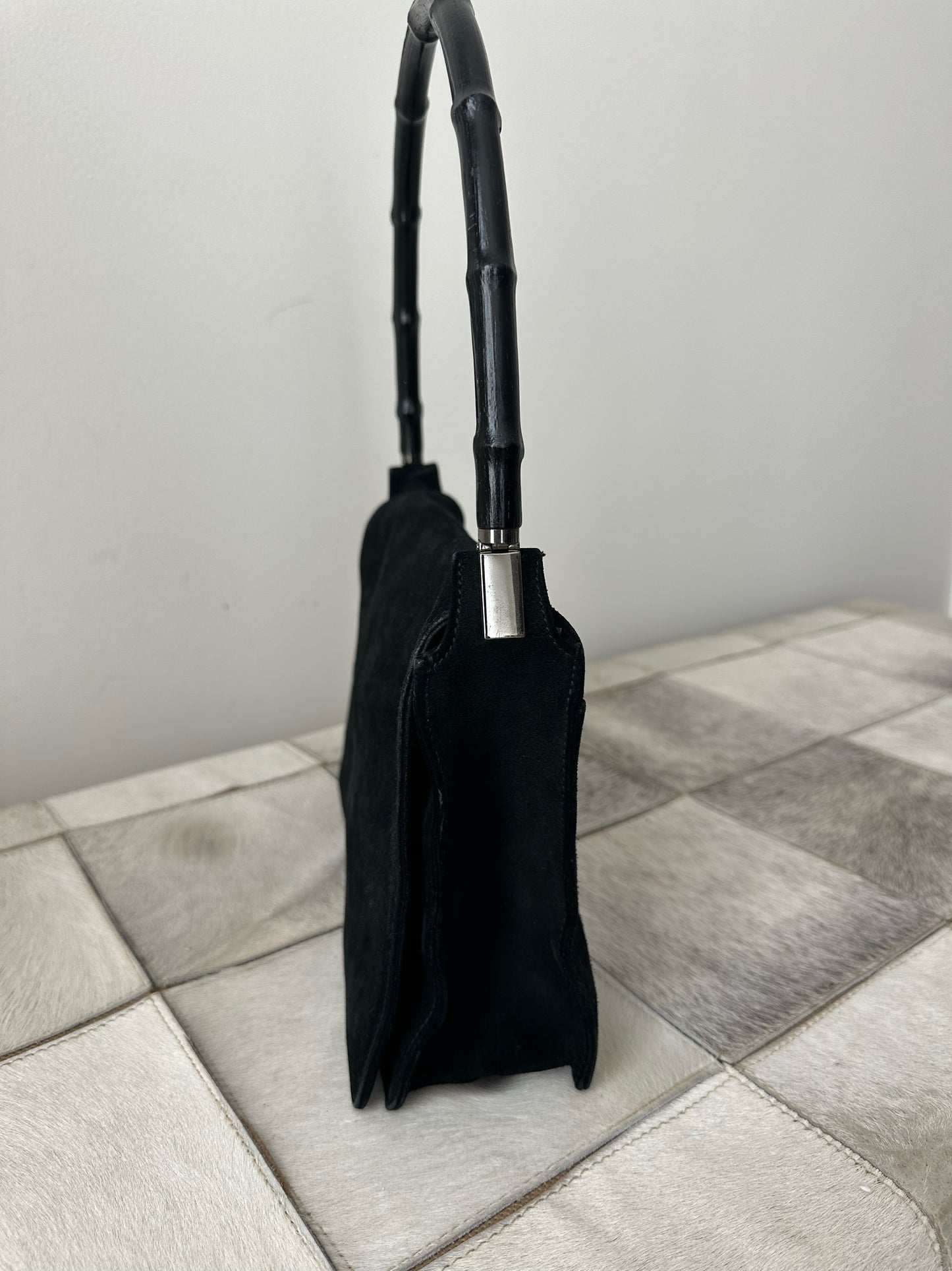 Gucci Black Suede Bamboo Handle Bag