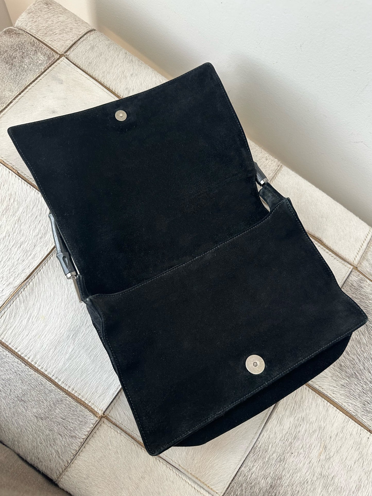 Gucci Black Suede Bamboo Handle Bag