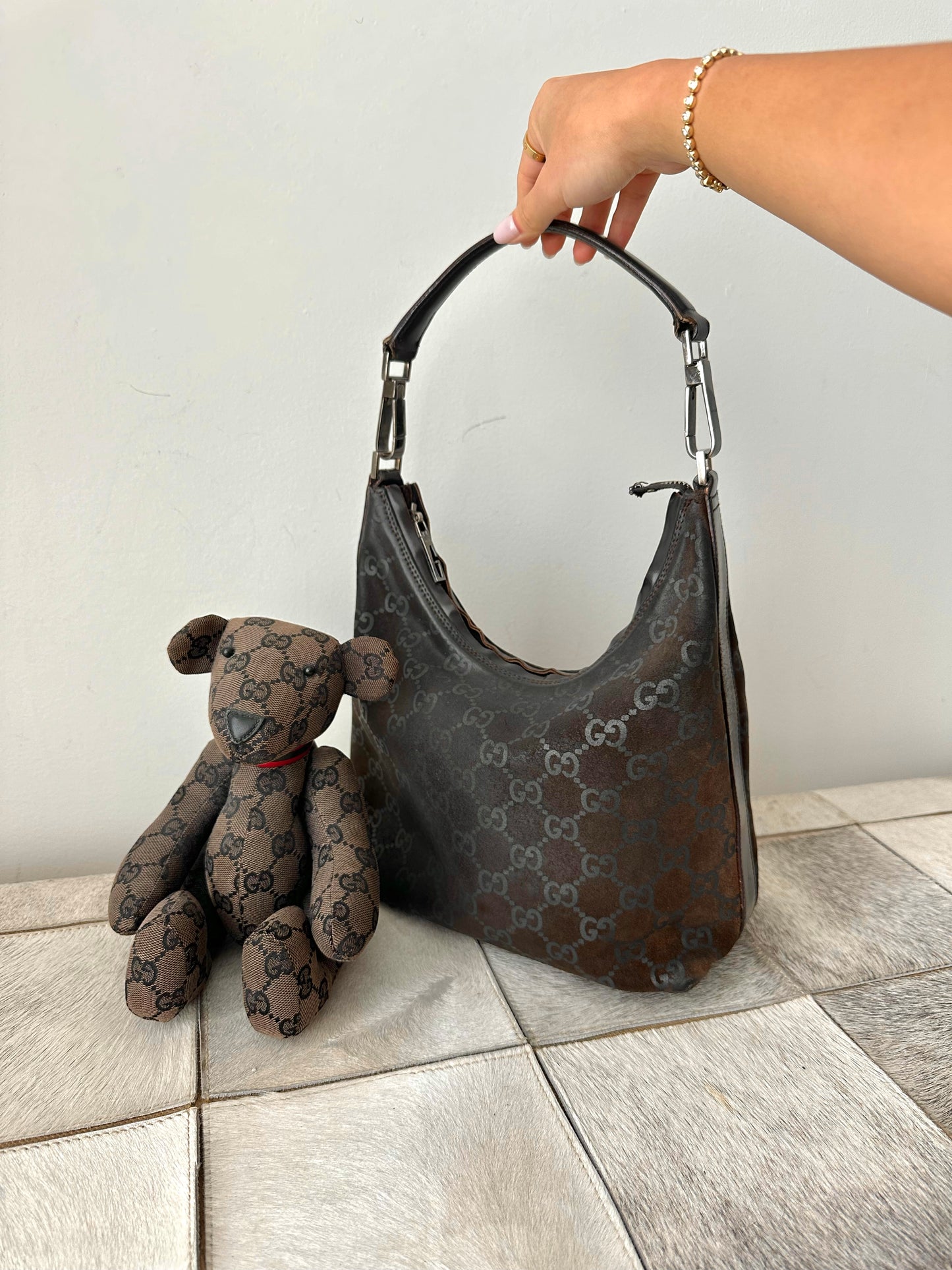Gucci Brown Suede Monogram Shoulder Bag