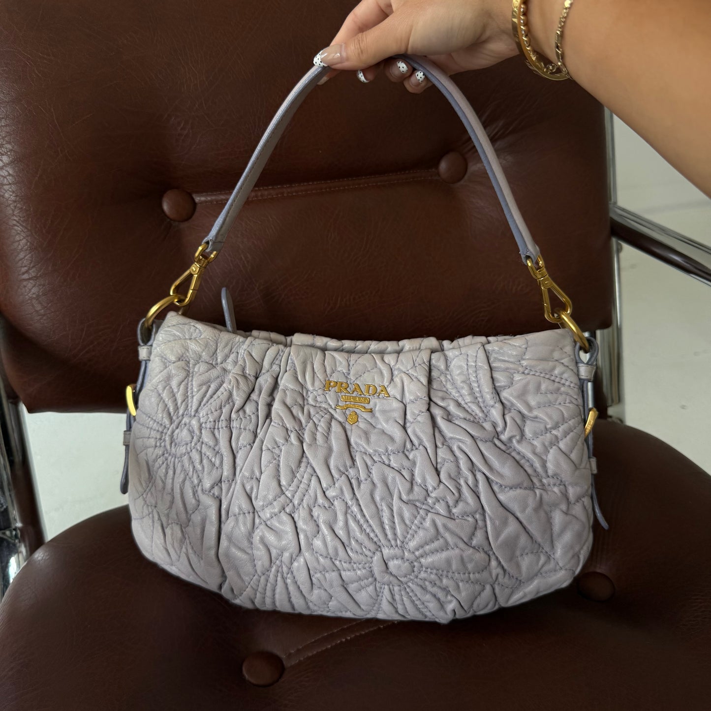 RARE Prada Floral Embroidered Leather Shoulder Bag