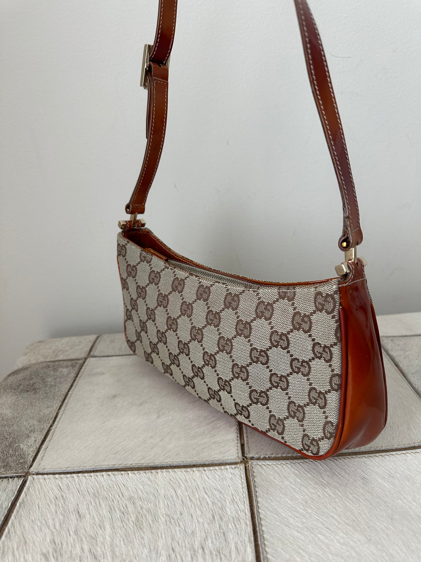 Gucci Brown Monogram Orange Patent Leather Shoulder Bag