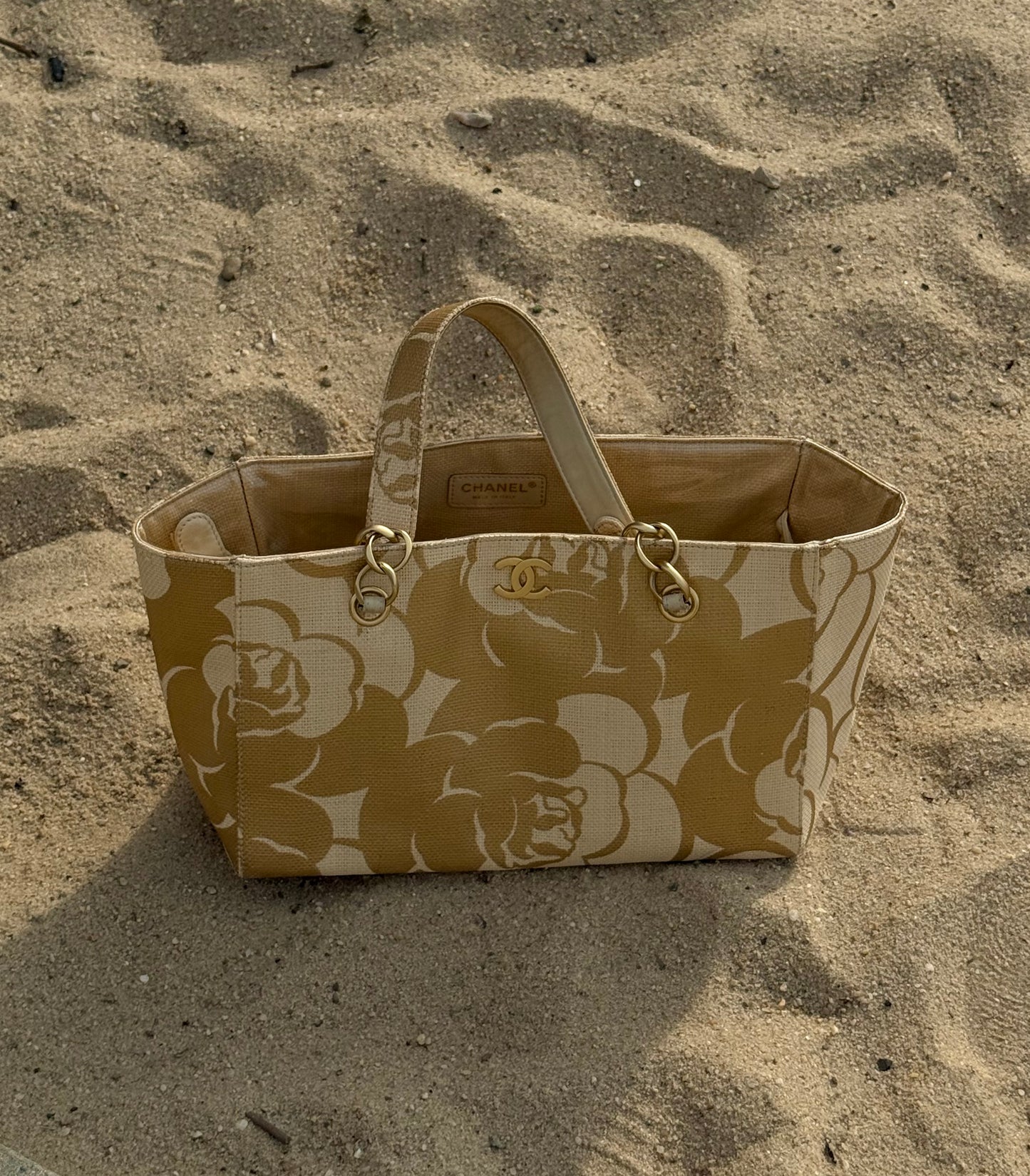Chanel 2008 Gold Camellia Raffia Tote w/ Zip Pouch & Phone Pouch