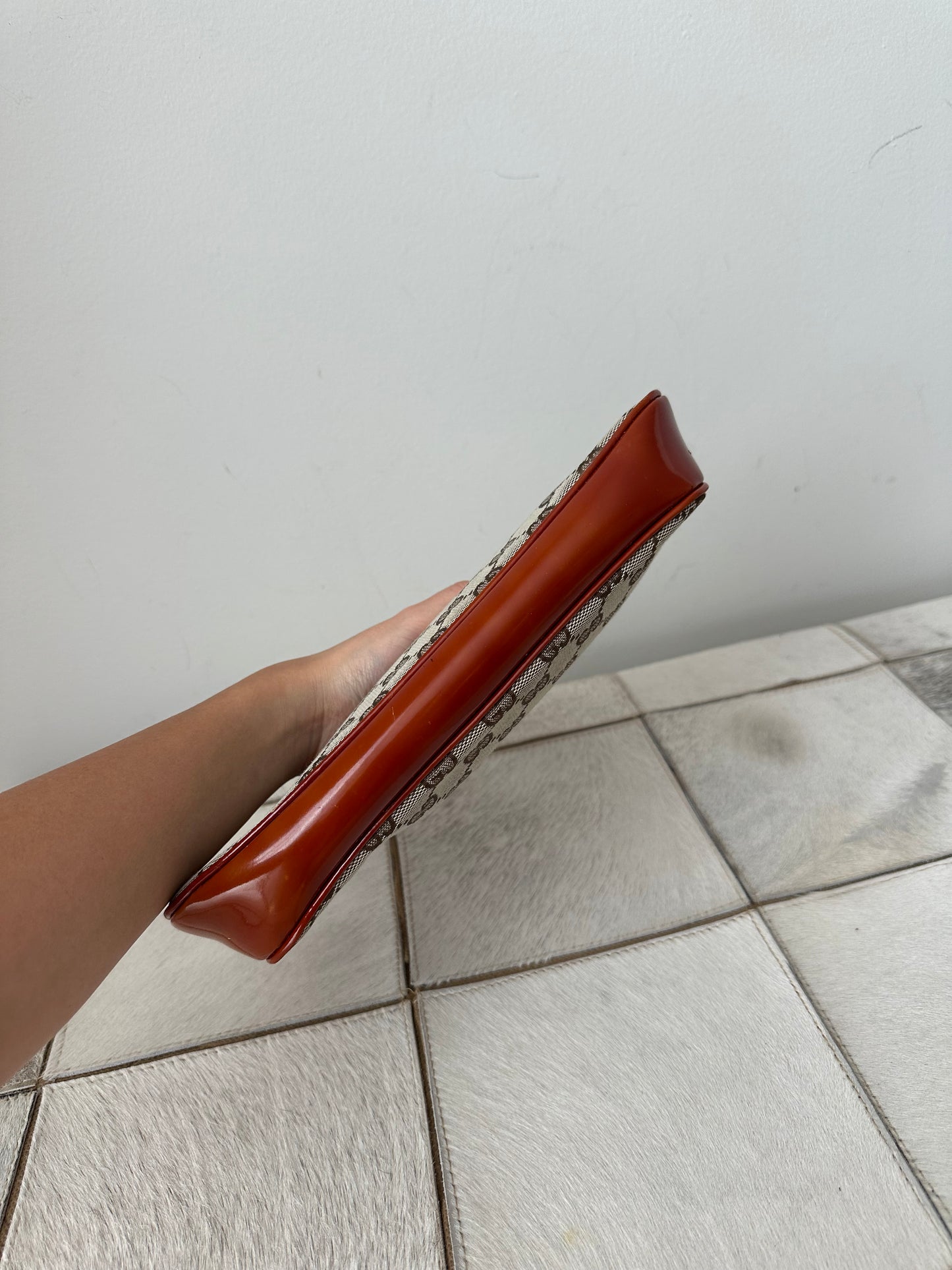 Gucci Brown Monogram Orange Patent Leather Shoulder Bag