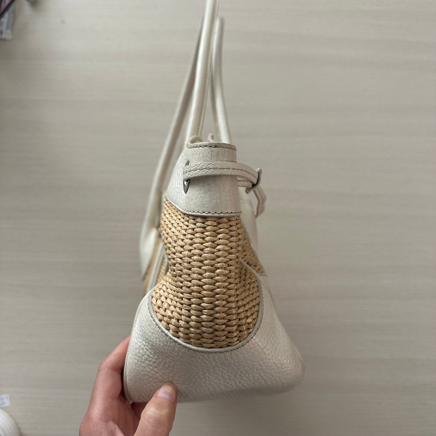 Prada White Raffia Shoulder Bag w/ Papers