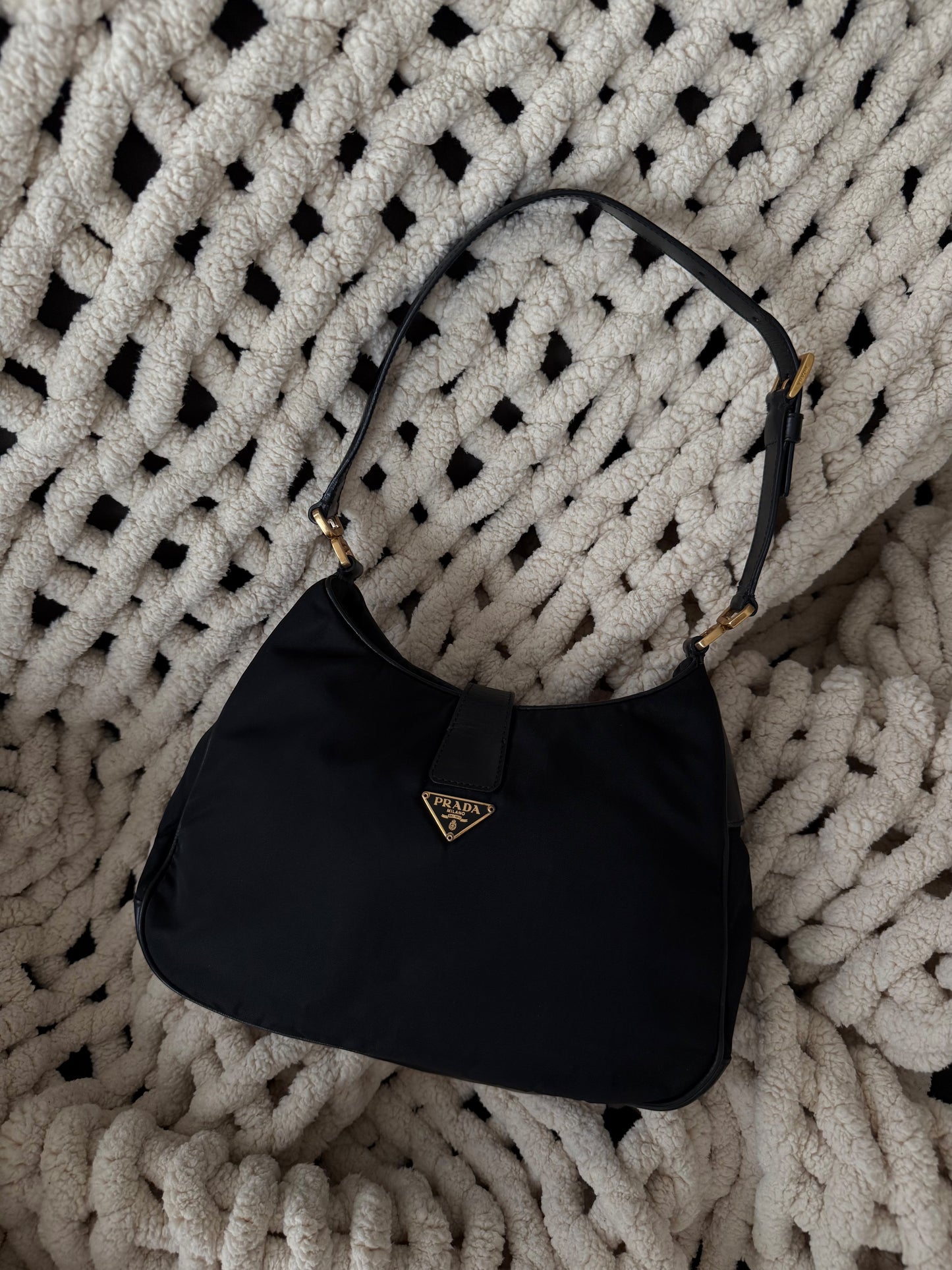 RARE Prada Black Gold Reversible Lock Shoulder Bag