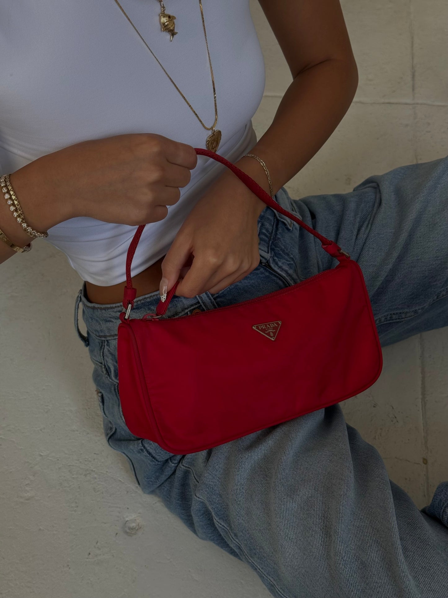Prada Red Nylon Small Pochette Bag