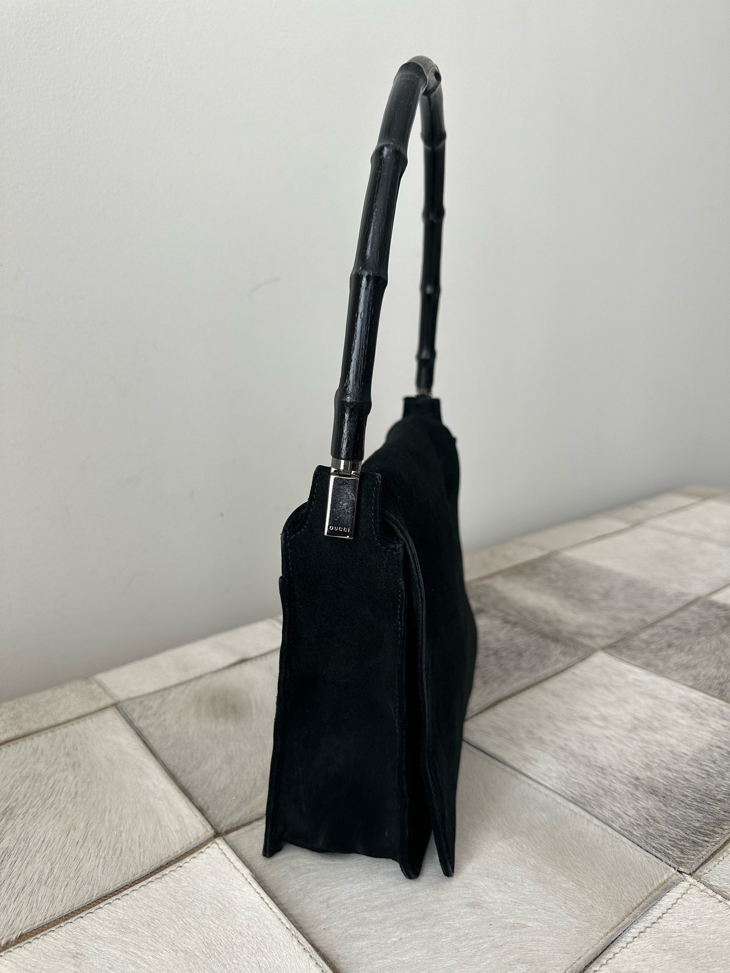 Gucci Black Suede Bamboo Handle Bag