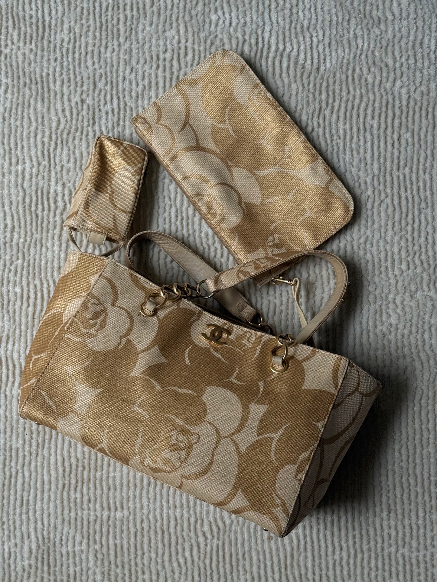 Chanel 2008 Gold Camellia Raffia Tote w/ Zip Pouch & Phone Pouch