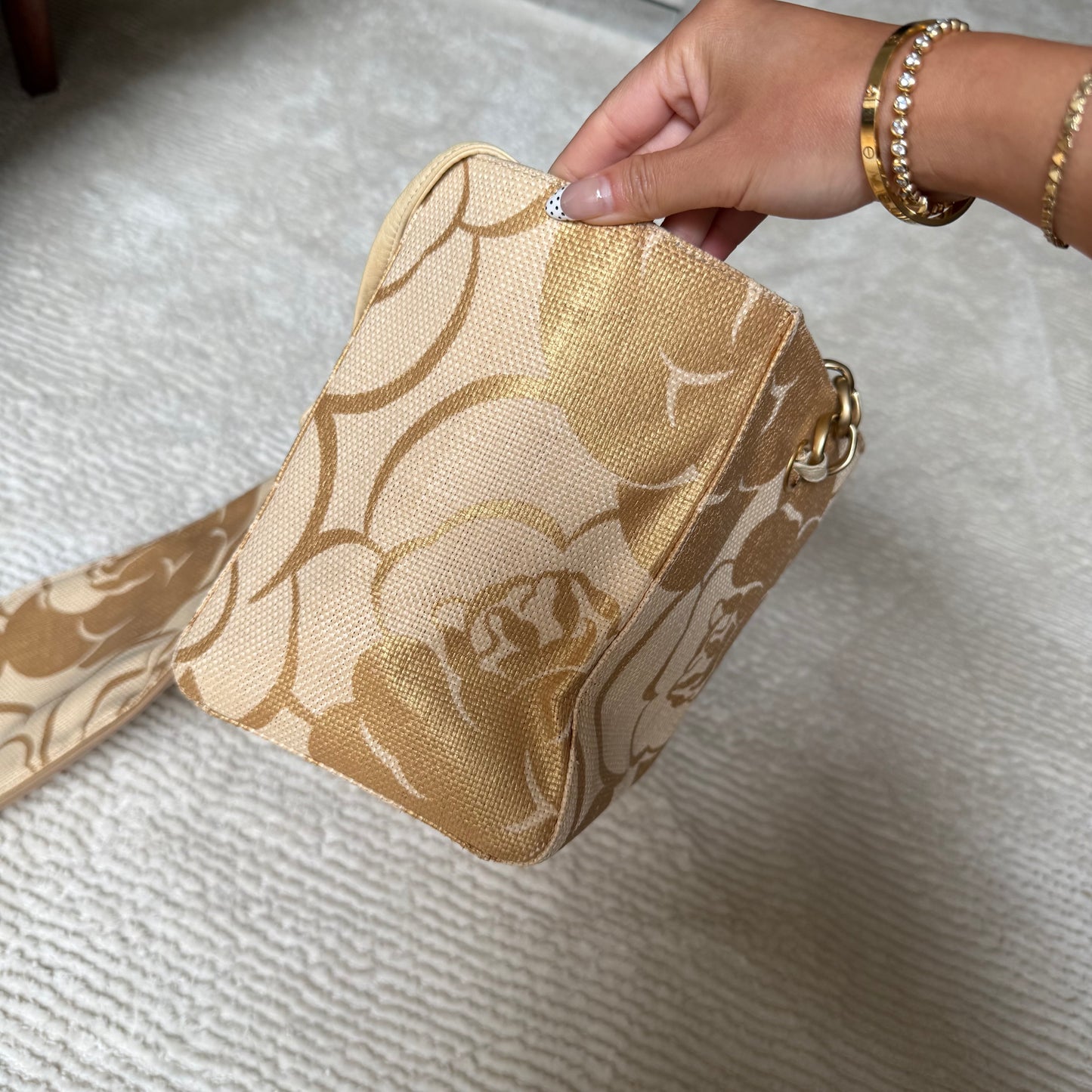 Chanel 2008 Gold Camellia Raffia Tote w/ Zip Pouch & Phone Pouch