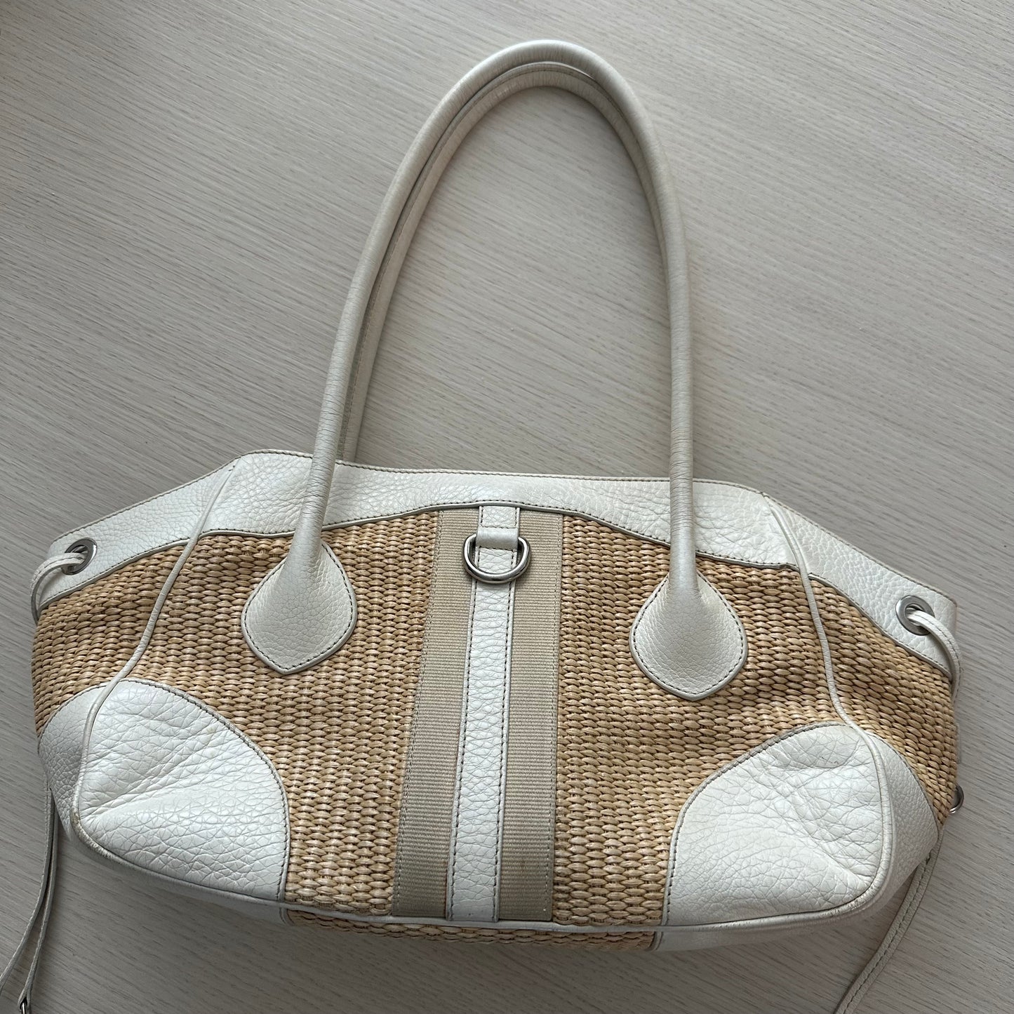 Prada White Raffia Shoulder Bag w/ Papers