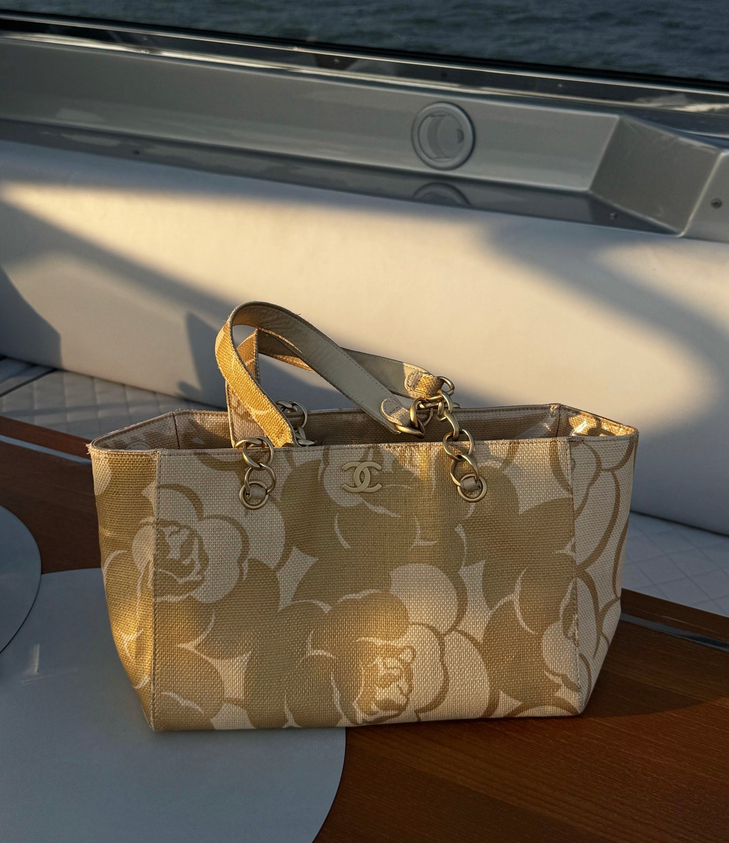 Chanel 2008 Gold Camellia Raffia Tote w/ Zip Pouch & Phone Pouch