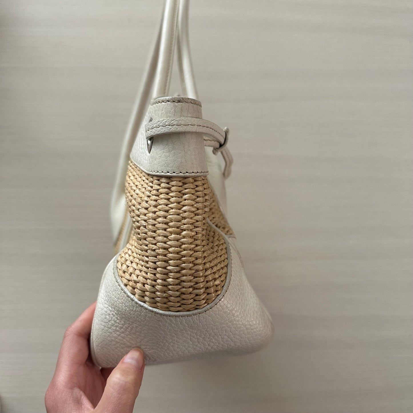 Prada White Raffia Shoulder Bag w/ Papers