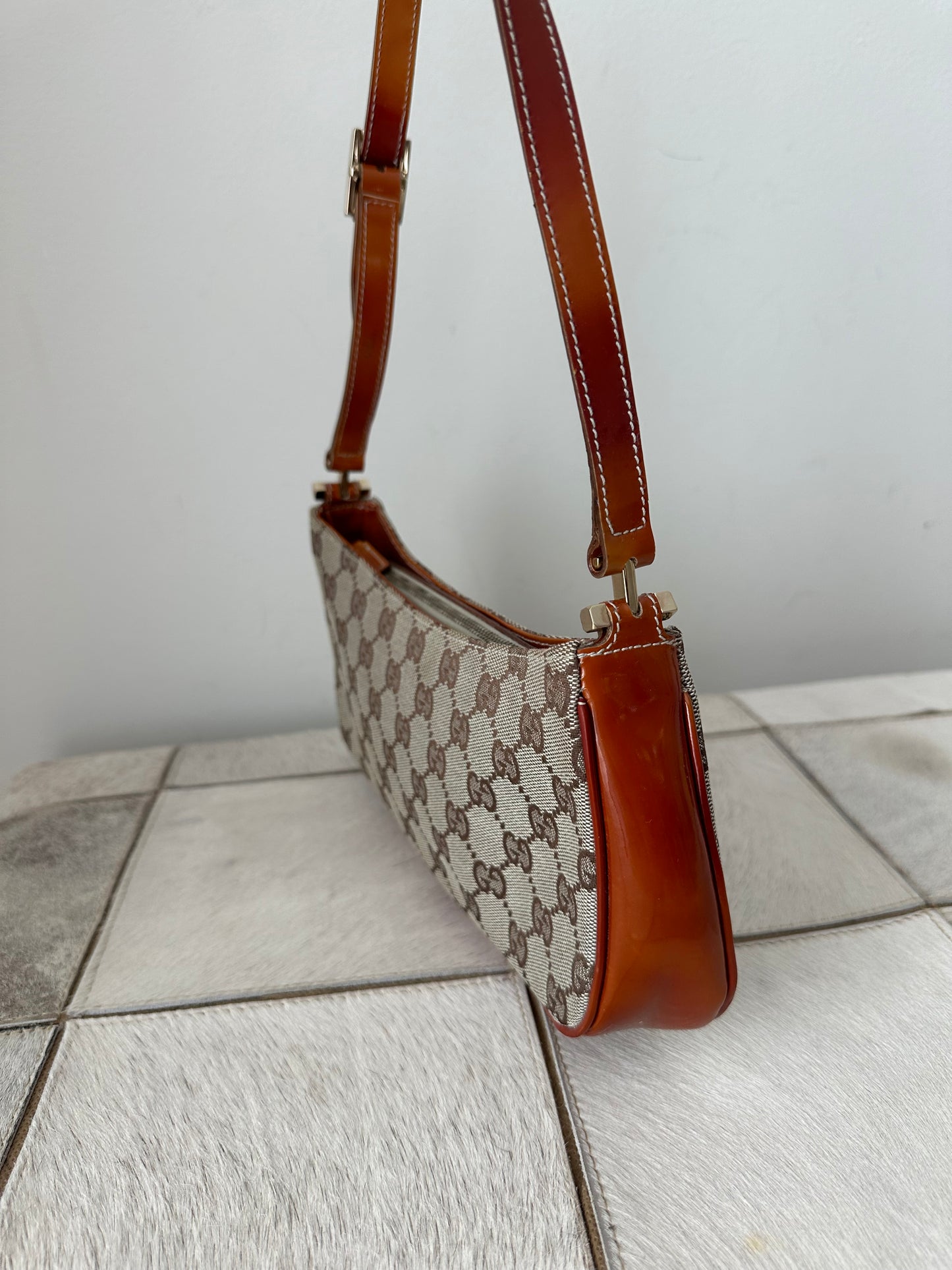 Gucci Brown Monogram Orange Patent Leather Shoulder Bag