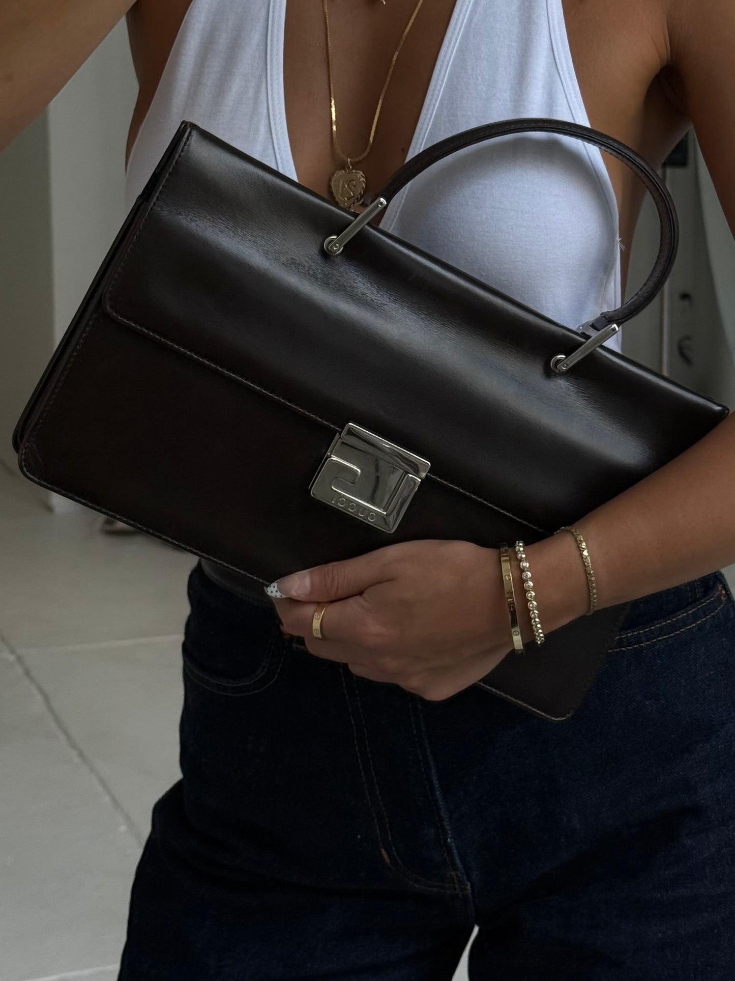 Gucci Tom Ford Era Black Leather G Top Handle Bag