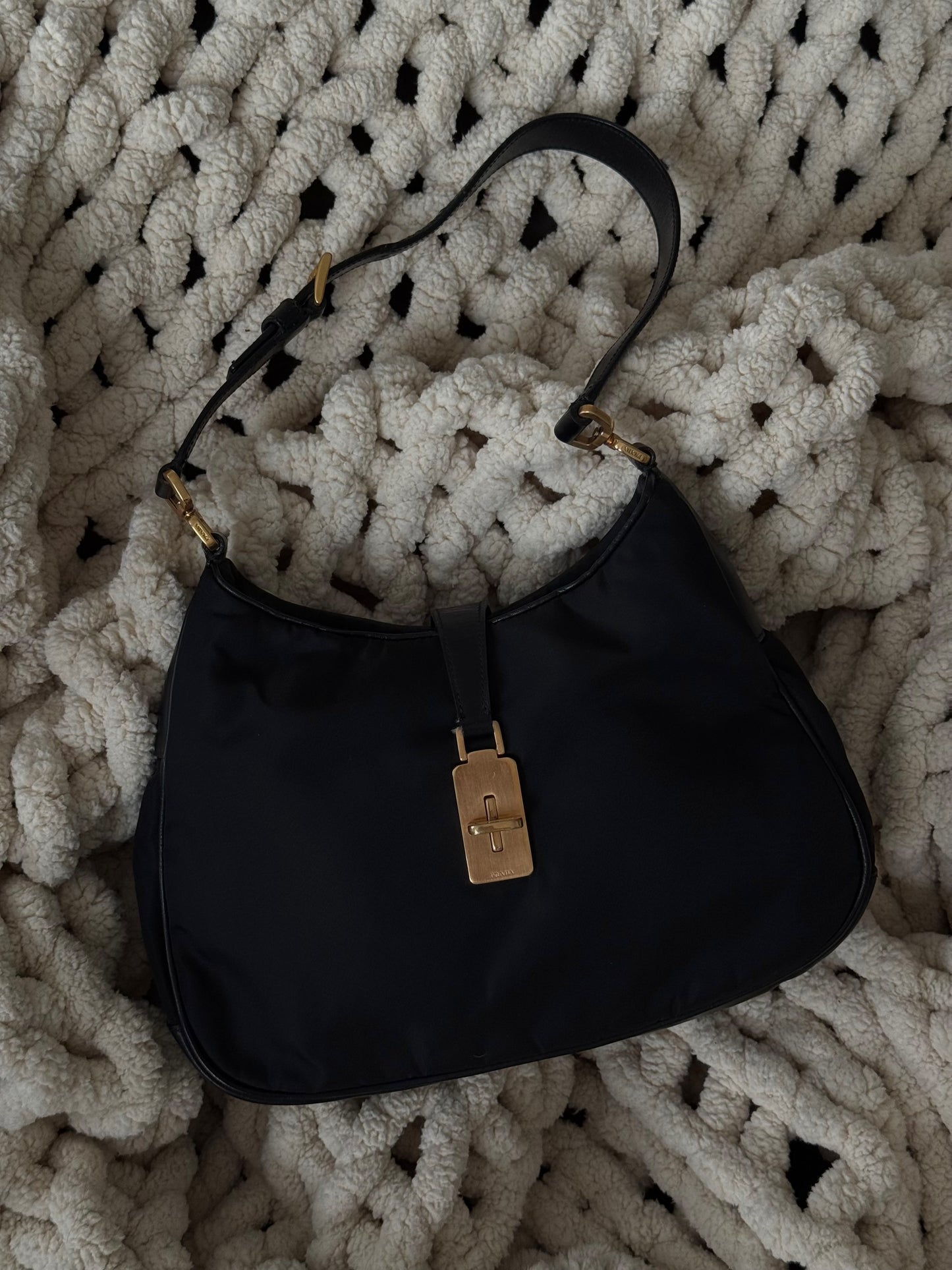 RARE Prada Black Gold Reversible Lock Shoulder Bag