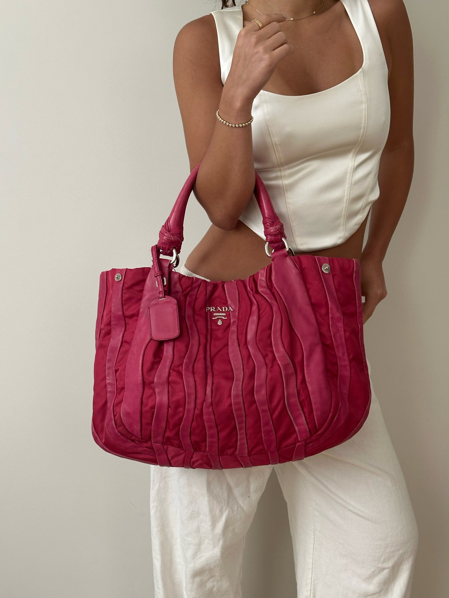 Prada Pink Leather Nylon Tote w/ Dustbag