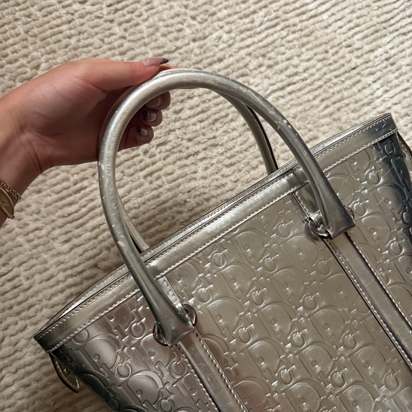 RARE Christian Dior Silver Metallic Patent Leather Monogram Bucket Tote