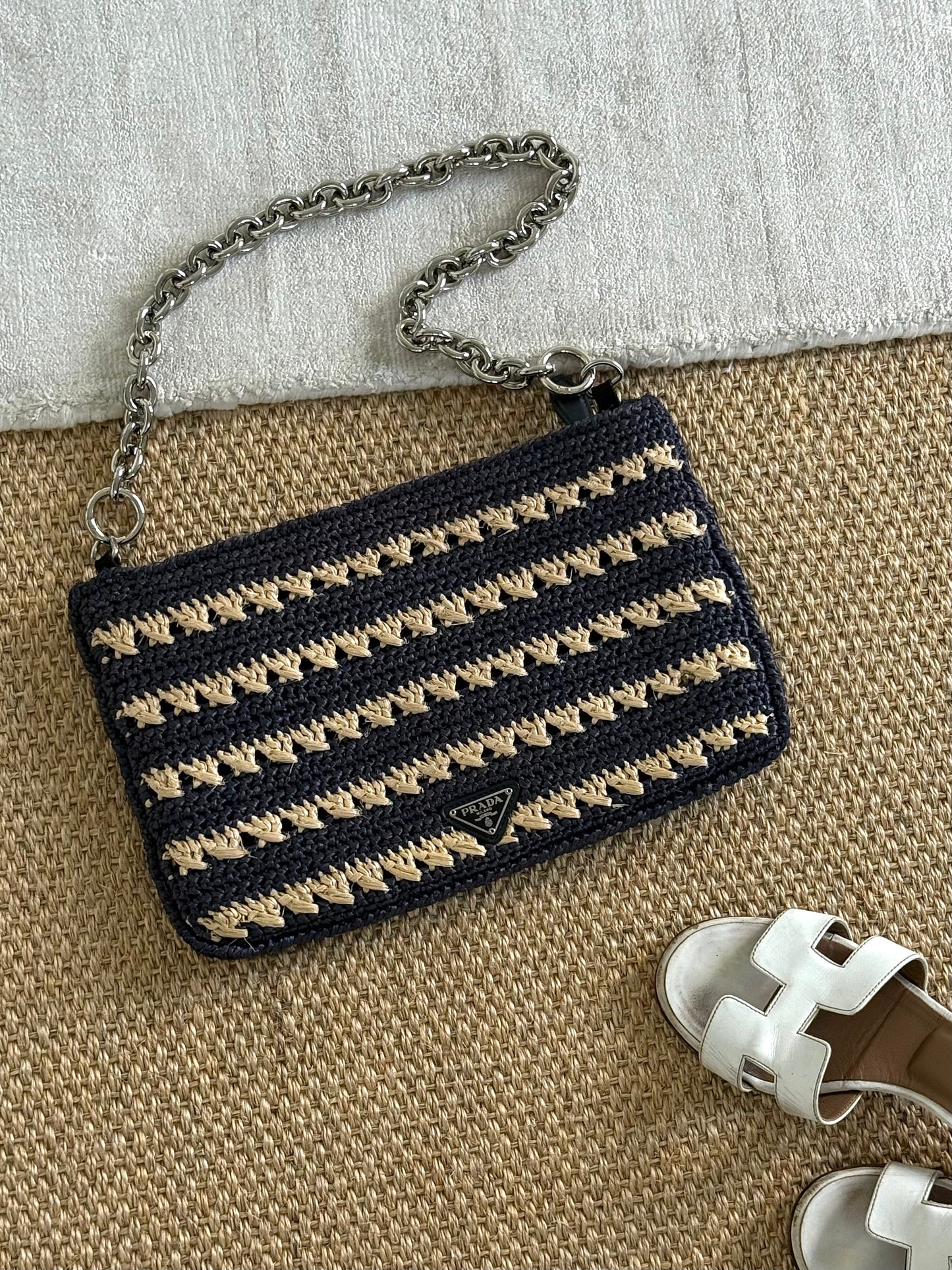 Prada RARE Blue Striped Raffia Shoulder Bag