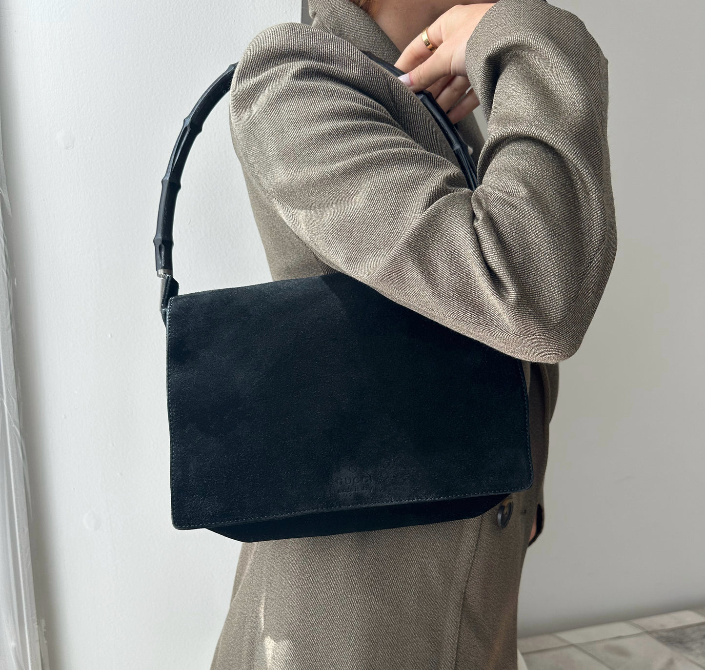 Gucci Black Suede Bamboo Handle Bag