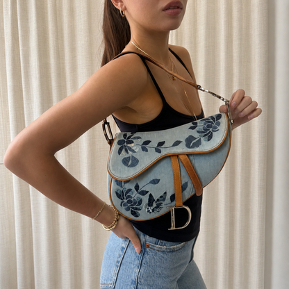 RARE Christian Dior 2005 Denim Embroidered Floral Saddle Bag