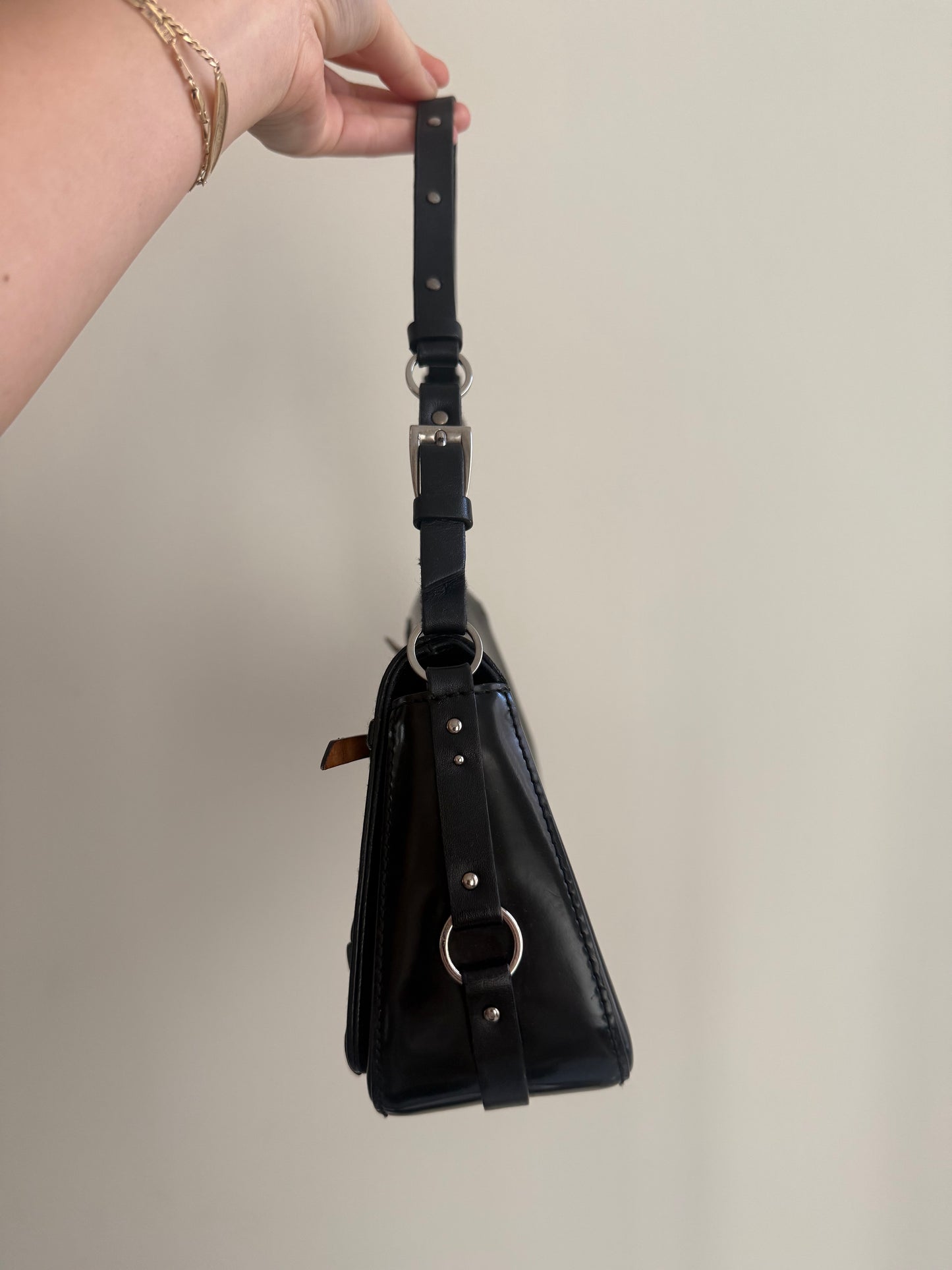 RARE 2003 Galliano Dior Black Patent Leather Bondage Shoulder Bag