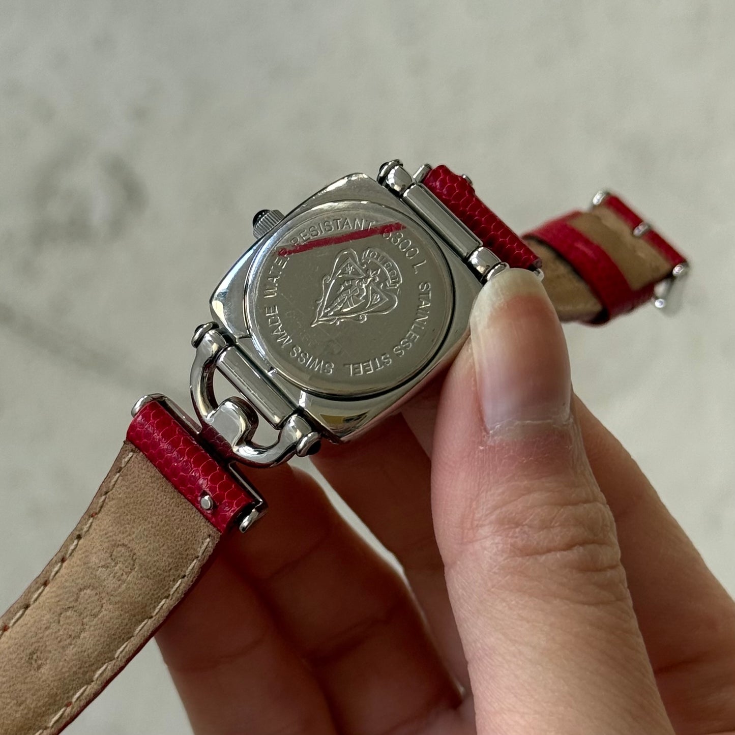 Gucci Red Leather Silver Square Watch