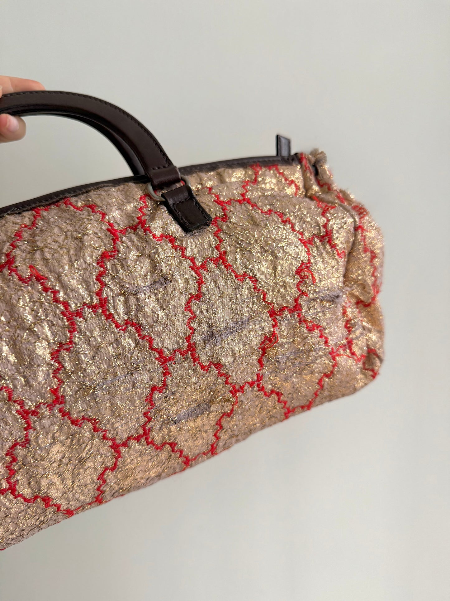 RARE Prada Metallic East West Baroque Woven Top Handle Bag