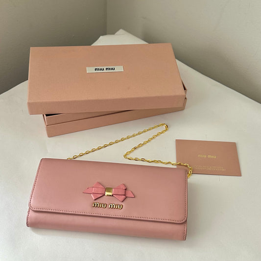Miu Miu Ribbon Pink Leather Wallet On Chain w/ Box & Papers