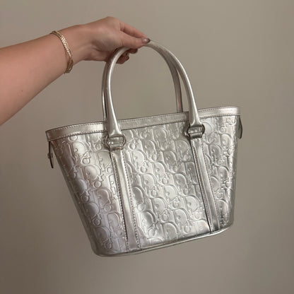 RARE Christian Dior Silver Metallic Patent Leather Monogram Bucket Tote
