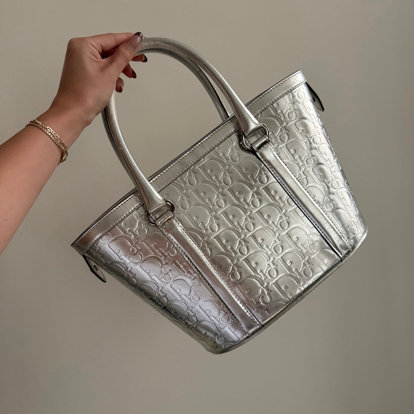 RARE Christian Dior Silver Metallic Patent Leather Monogram Bucket Tote