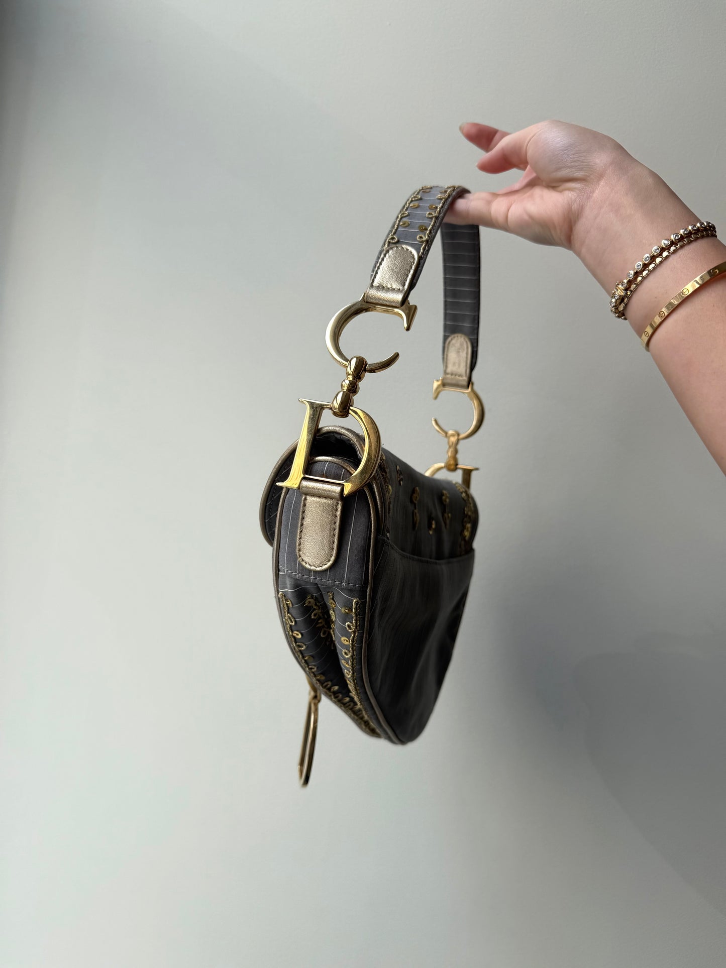 RARE Christian Dior Pinstripe Sequin Floral Saddle Bag