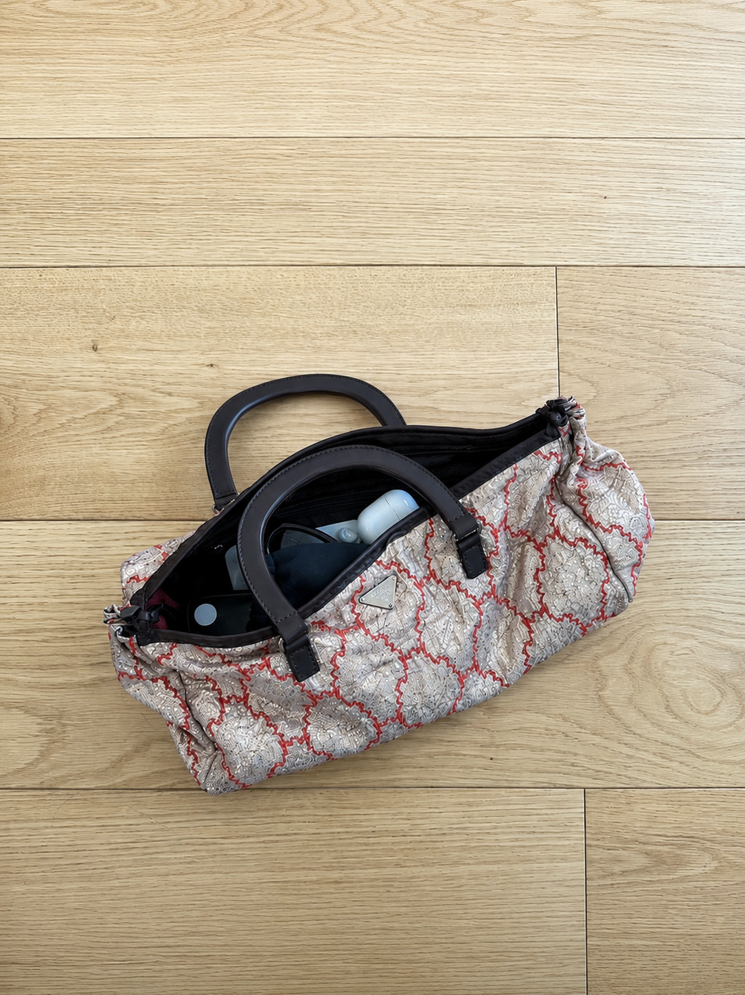 RARE Prada Metallic East West Baroque Woven Top Handle Bag