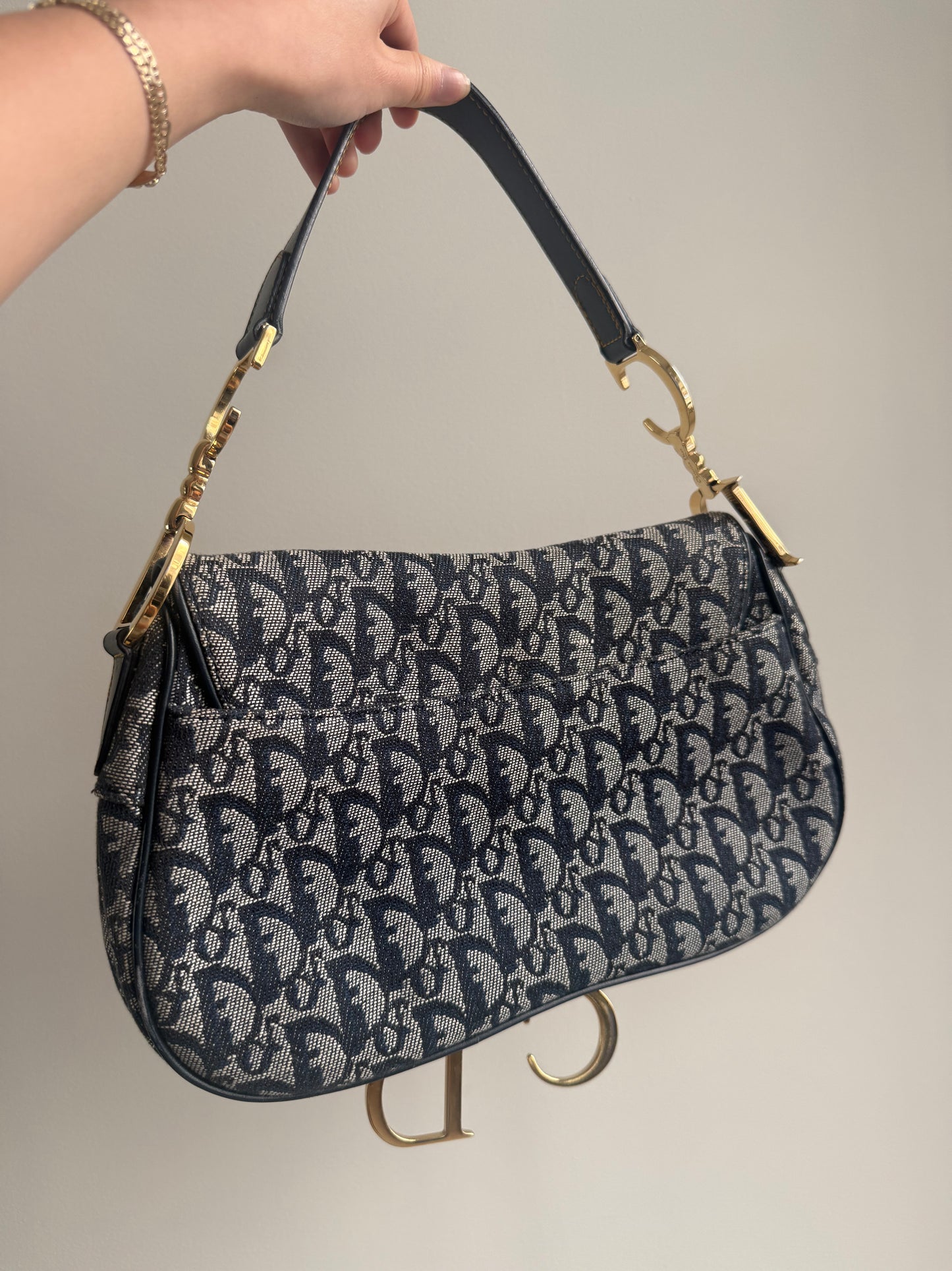Christian Dior Navy Monogram Gold Double Saddle Shoulder Bag