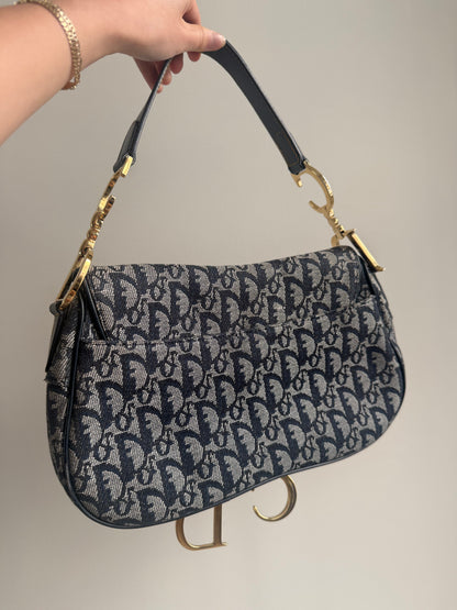 Christian Dior Navy Monogram Gold Double Saddle Shoulder Bag